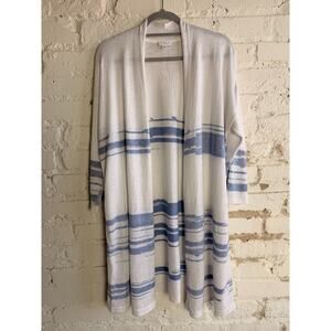 Pure Jill Linen Blend Cardigan Womens M White Blue Striped Open Front Duster